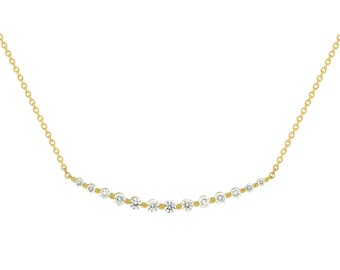 18K Yellow Gold Graduated Natural Diamond shared-prongs Curved Necklace /18K Solid Gold Diamond Curved Bar Necklace  / Layering Necklaces