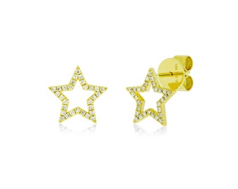 18K Diamond Open Star Stud Earrings / Pave Diamond Star Earring / Diamond Star Studs / Open Star Earrings / 18K Gold Star Earring Studs