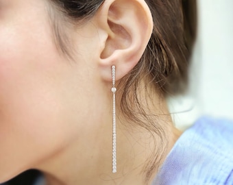 18K Gold Natural Diamond Pave Bar Linear Drop Earrings / Diamond Linear Earrings / Long Bar Drop Earrings