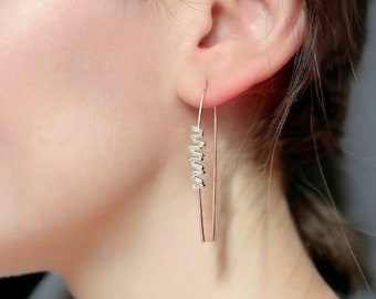 18K Gold Hanging Baguette Diamonds Line wire Earrings / Natural Diamonds Thread Earrings / Natural Diamond Earrings / Hook Diamond Hoops