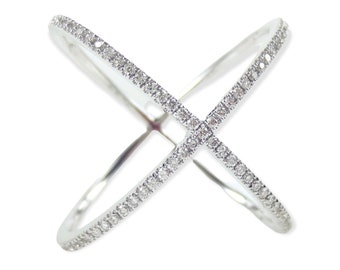 Micro Pave Diamond X Ring band in 18k White Gold