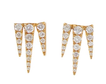 18K Yellow Gold Diamond Pave 3-spikes stud Earrings