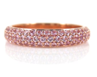 3.5mm Three Row Micro Pave Light Pink Sapphires Eternity Band in 18k Rose Gold - Stack-able