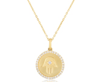 14K Gold Diamond Hamsa Medallion Pendant/ 14K Hamsa Necklace / Coin Pendant / Diamond Hand of Fatima Pendant / Hamsa Disc Pendant