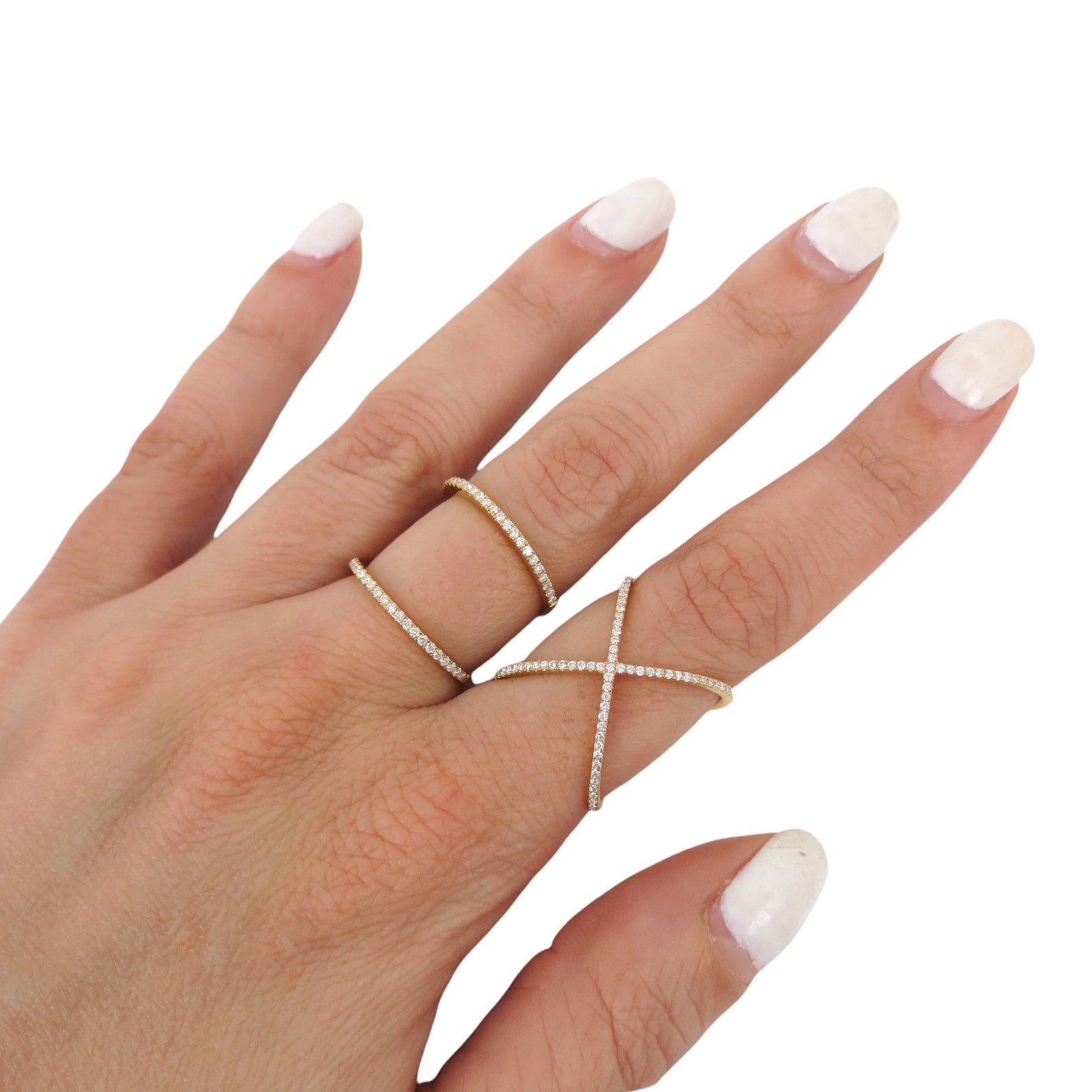 Micro Pave Diamond Crisscross X Ring Band in 18k Yellow Gold Etsy