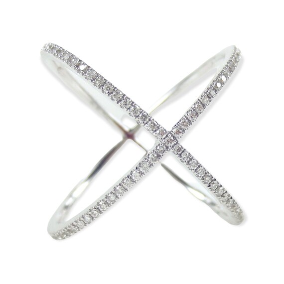 Micro Pave Diamond X Ring Band in 18k White Gold Etsy