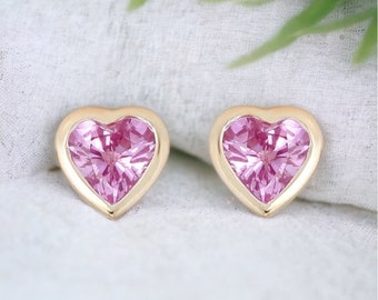 Natural Pink Sapphire Studs / Petite Heart shaped Pink Sapphire Stud /Pink Sapphire Earrings / 14K  Studs/ Small Pink Sapphire Heart Studs