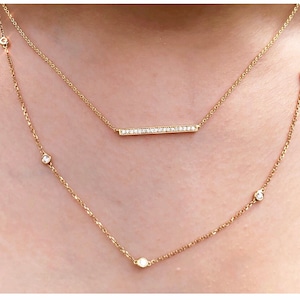 18K Yellow Gold Diamond Pave Mini Bar Necklace - Pendant