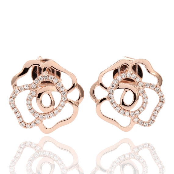 18K Rose Gold Diamond Pav Open Flower Earring Diamond Floral