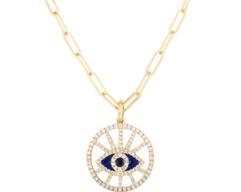 14K Gold Diamond & Enamel Evil Eye Medallion Pendant/ 14K Evil Eye Necklace / Disc Pendant / Diamond Eye Pendant / Evil Eye Collection