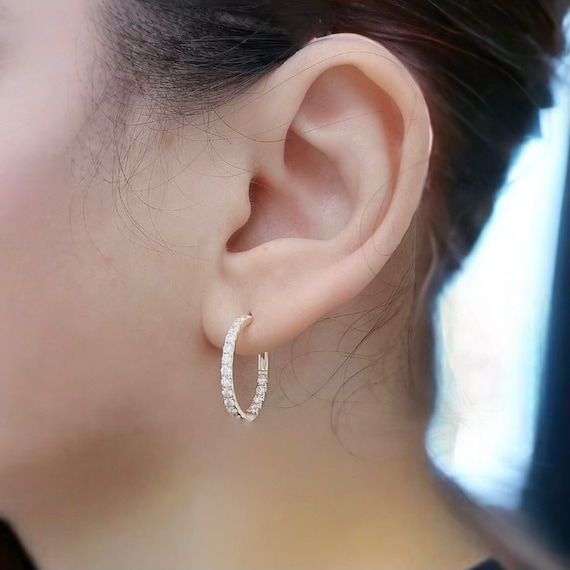 3 4 Inch 18K Yellow Gold Inside Out Diamond Hoop Earrings