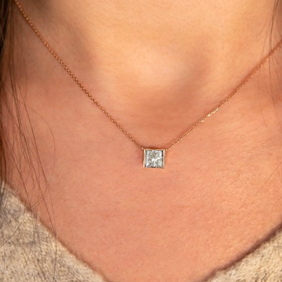 GIA 0.46 Carat Bezel Princess Cut Diamond Necklace 14K Rose Gold Etsy Australia