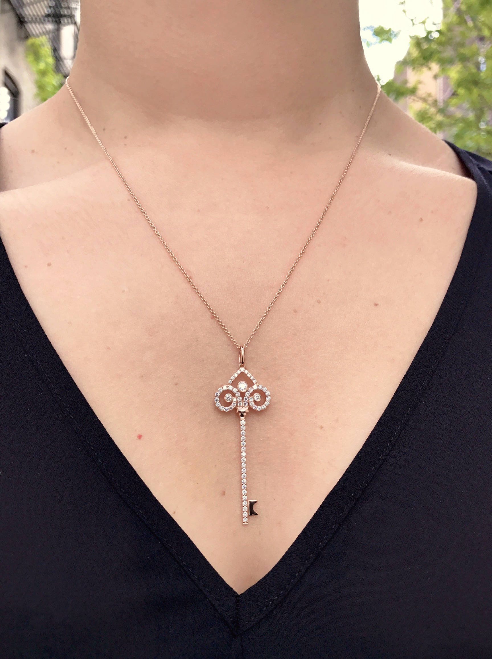 18k Rose Gold Diamond Key Pendant Necklace Etsy