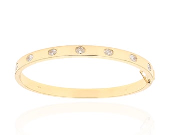 18K Gold Fancy Oval Diamonds Hinged Bangle / Diamond Solid 18K Gold Oval Bangles /