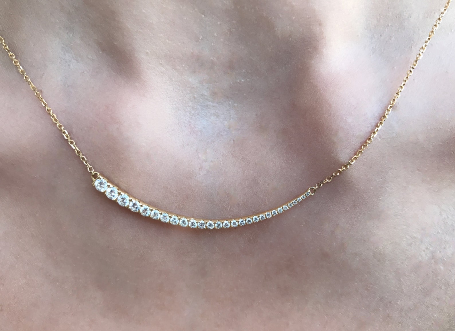 0.61cts Diamond Curved Bar Necklace / 18k Yellow Gold Etsy
