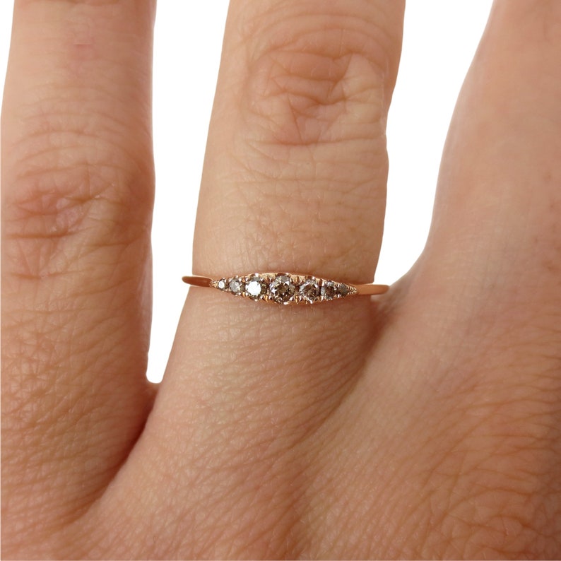 Dainty Seven-Stone Graduated Champagne Diamond Ring 14K /18K Gold / Dainty Champagne Brown Diamond Wedding Ring / Minimalist Stacking Rings image 3