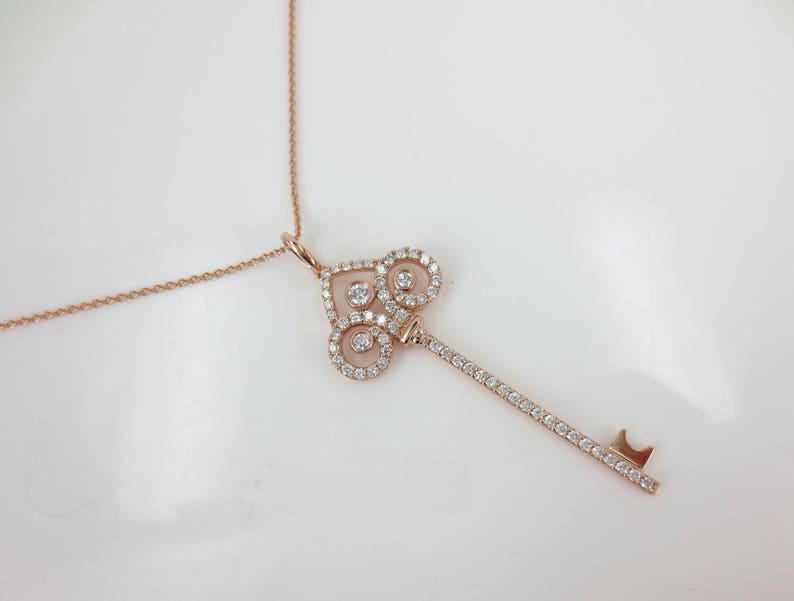 18k Rose Gold Diamond Key Pendant Necklace Etsy