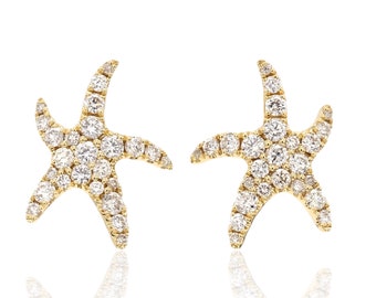 18K Yellow gold Natural Diamond Starfish Earring / Starfish Stud Earrings / Gold Star Fish Earrings / Diamond Starfish