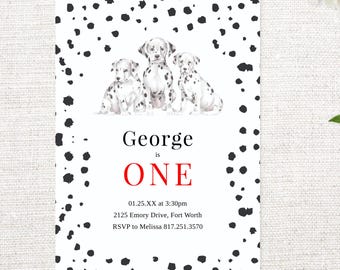 Dalmatian Birthday Party Invitation for Instant Download with Templett. Puppy Dog First Birthday Invitation with Dalmatian Pattern Back. 5x7