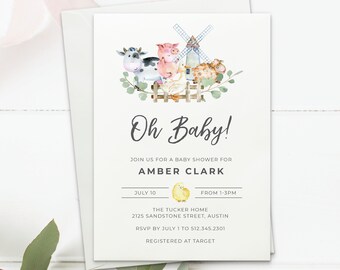 Può includere: Invito per baby shower con illustrazioni ad acquerello di animali della fattoria, un mulino a vento e la scritta "Oh Baby!". L'invito include i dettagli per il baby shower di Amber Clark, data, ora e luogo.