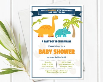 Printable Dino Birthday or Dino Shower Invitation Template. Templett Instant Download. DIY Dinosaur Themed Invitation to Download