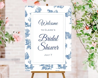 Welcome Sign Blue and White Southern Toile Ginger Jar Bridal Shower Template. Wedding Shower Download, Customize with Templett. Size 24x36