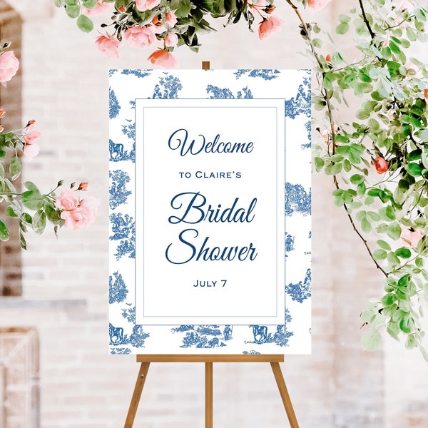 Welcome Sign Blue and White Southern Toile Ginger Jar Bridal Shower Template. Wedding Shower Download, Customize with Templett. Size 24x36