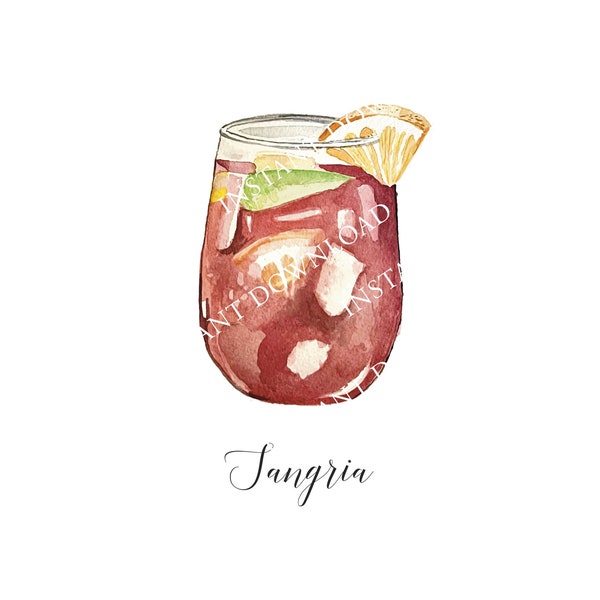 Red Sangria Watercolor Cocktail Image Digital Download. JPG, PNG for Wedding Bar Sign Design, Event Signage, Crafts. Instant Download Drink