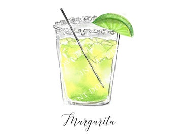 Margarita com Limão, Canudo, Imagem Digital para Download. JPG, PNG para Design de Placas de Bar de Casamento, Sinalização de Eventos, Artesanato. Coquetel em Aquarela.