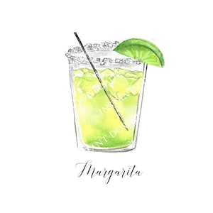 Margarita with Lime, Straw Digital Image Digital Download. JPG, PNG for Wedding Bar Sign Design, Event Signage, Crafts. Watercolor Cocktail