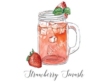 Strawberry Smash Digital Image Digital Download. JPG, PNG for Wedding Bar Sign Design, Event Signage, Crafts. Mason Jar Watercolor Cocktail