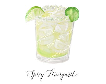 Imagem digital de Margarita Apimenta para download. JPG e PNG para design de placas de bar de casamento, sinalização de eventos ou artesanato. Coquetel em aquarela.