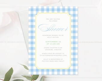 Preppy Gingham Baby Shower Invitation Template. Shower Invite to Download Customize with Templett. Baby Boy Blue and Yellow Baby Shower