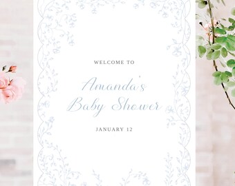 Scalloped Blue Framed Floral Baby Shower Boy Welcome Sign, Personalize Digital Download, Customize with Templett, French Blue Floral Design