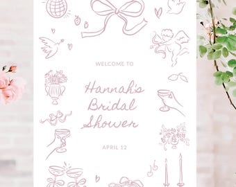 Hand Drawn Boho Illustrations Bridal Shower Welcome Sign, Instant Download with Templett, Whimsical Shower Decor, Customize with Templett