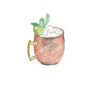 Moscow Mule Watercolor Cocktail Image Digital Download. JPG, PNG for Wedding Bar Sign Design, Event Signage, Crafts. Instant Download Drink
