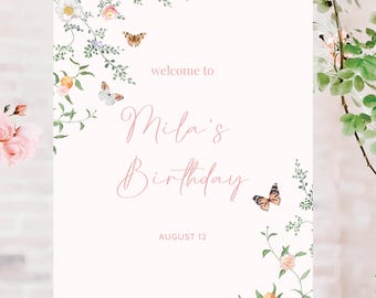 Butterfly and Wildflowers Birthday Welcome Sign, Whimsical Garden Party Decor, Nature-Inspired Pink Welcome Sign, Custom Welcome Sign 18x24