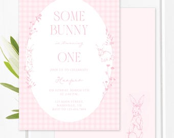 Pink Bunny Girl Birthday Invitation Template. Some Bunny Is Turning One Invite Instant Download Customize with Templett. 5x7 Blush Pink