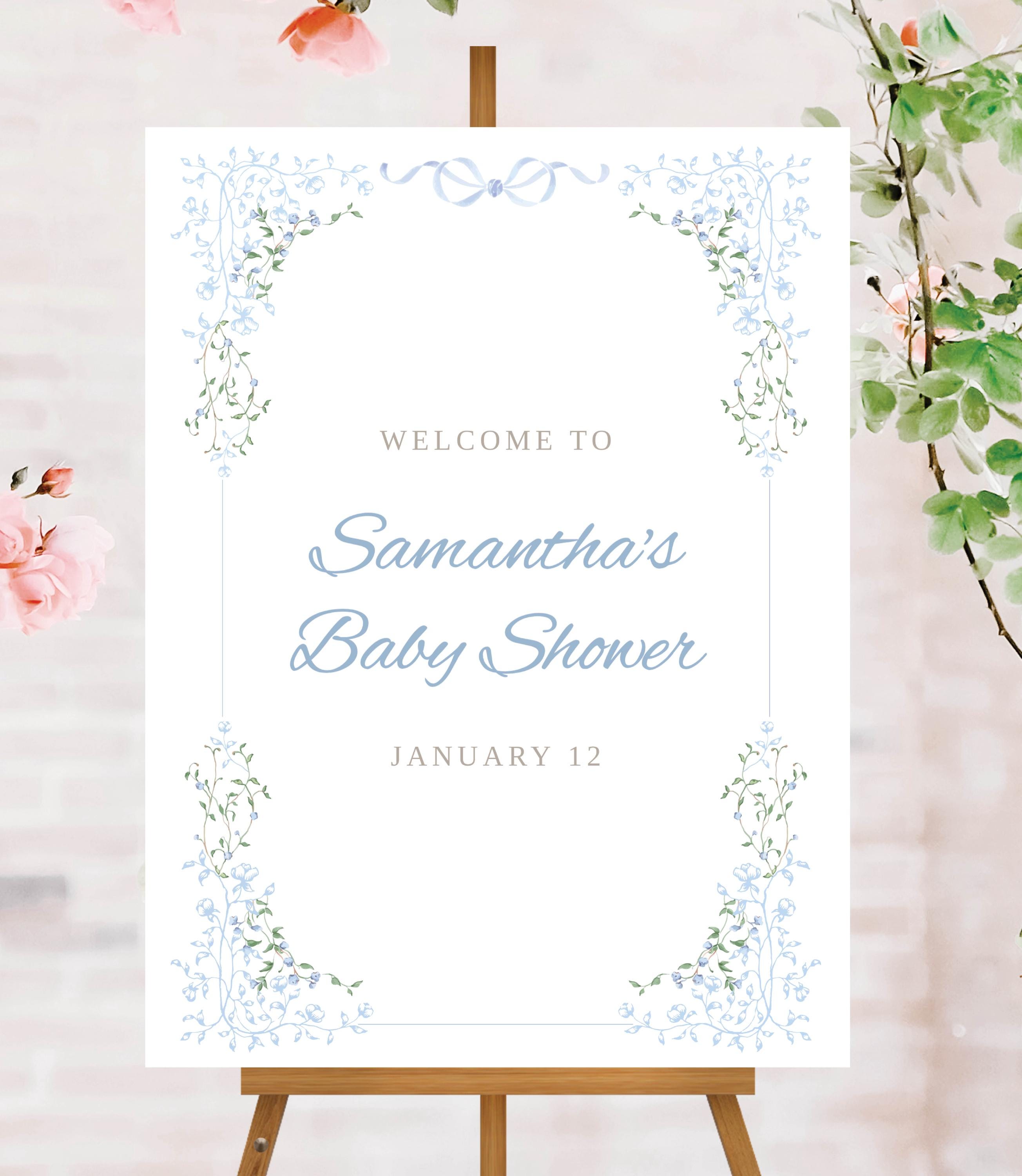 Sweet Blue Framed Floral Boy Baby Shower Welcome Sign, Minimalist Floral Baby Shower Decor, Digital Download, Customize with Templett