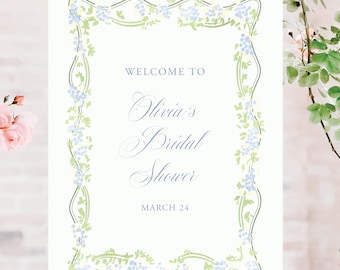 Whimsical Greenery and Blue Floral Preppy Bridal Shower Welcome Sign, Garden Party Decor, Instant Download with Templett Size 18x24