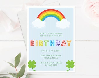 Rainbow Birthday Invitation Template. Birthday Invite to Download Customize with Templett. Lucky Four Leaf Clover Party Invitation