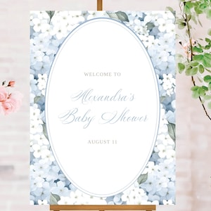 Blue Hydrangea Baby Boy Shower Welcome Sign, Dusty Blue Flower Bloom Border, Instant Download, Editable with Templett size 18x24, Blue Frame