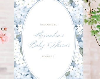Blue Hydrangea Baby Boy Shower Welcome Sign, Dusty Blue Flower Bloom Border, Instant Download, Editable with Templett size 18x24, Blue Frame