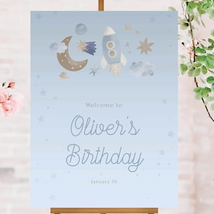 Two the Moon Birthday Welcome Sign, Space Themed 2nd Birthday Decor, Moon & Rocket Welcome Sign, Outer Space Sign, Customize with Templett