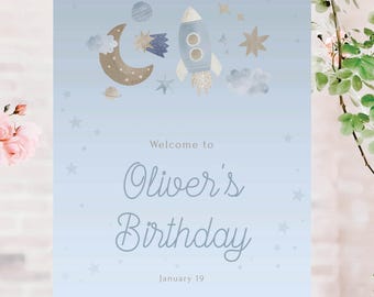 Two the Moon Birthday Welcome Sign, Space Themed 2nd Birthday Decor, Moon & Rocket Welcome Sign, Outer Space Sign, Customize with Templett
