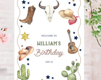 Western Cowboy Theme Welcome Sign. Instant Download with Templett. Rustic Country Party Wild West Sign w/ Cactus, Rope, Cowboy Boot, Stars