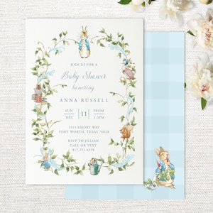Invitación para baby shower de Peter Rabbit para descarga instantánea con Templett. Invitación de Beatrix Potter para fiesta en el jardín para cualquier evento. Tamaño 5x7