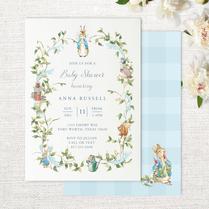 May include: A blue and white baby shower invitation featuring Peter Rabbit and other woodland creatures. The invitation reads "Join us for a Baby Shower honoring Anna Russell" with the date and time of the event.
