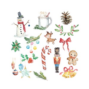 May include: Watercolor illustrations of various Christmas themed items, including a snowman, a reindeer, a gingerbread man, a nutcracker, a candy cane, a mug of hot chocolate, a pine cone, a wreath, holly, ornaments, and bells.