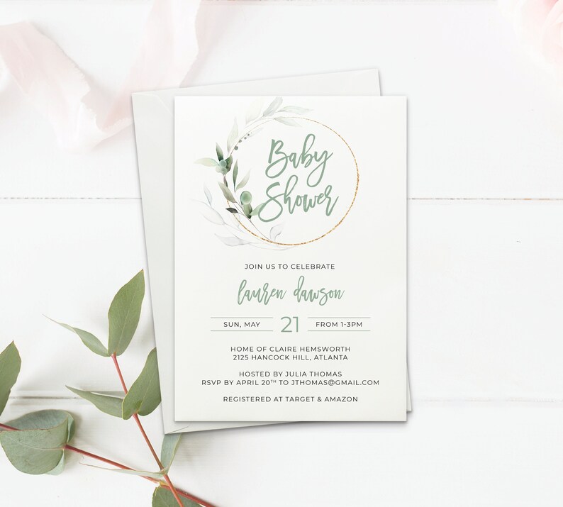Greenery, Gold Baby Shower Invitation Template. Instant Download Template to Edit. Greenery Floral Geometric Frame DIY Baby Shower Printable image 1